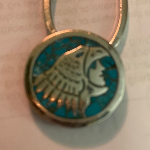Vintage crushed turquoise inlay tribal key ring Mexico Taxco 925 - Picture 5 of 13